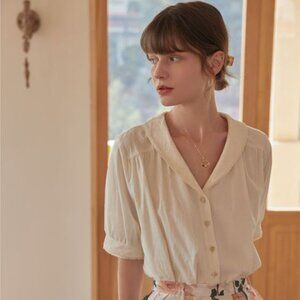 Simple Retro Vivian 100% Cotton V-Neck Blouse